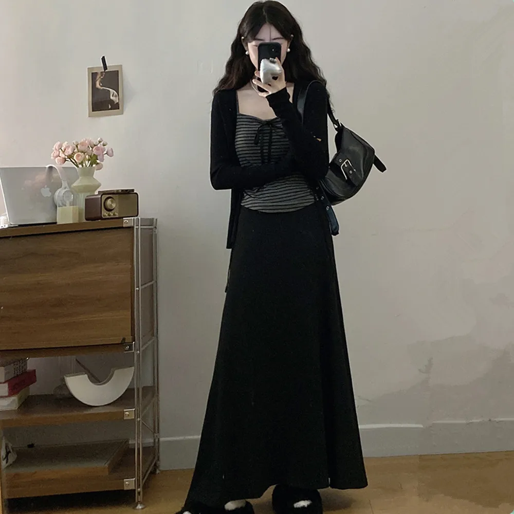 Conjunto de Saia Slimming de Cintura Alta com Cardigan Listrado Aberto, Tamanho Plus, Moda Coreana, Nova Chegada de Outono para Mulheres