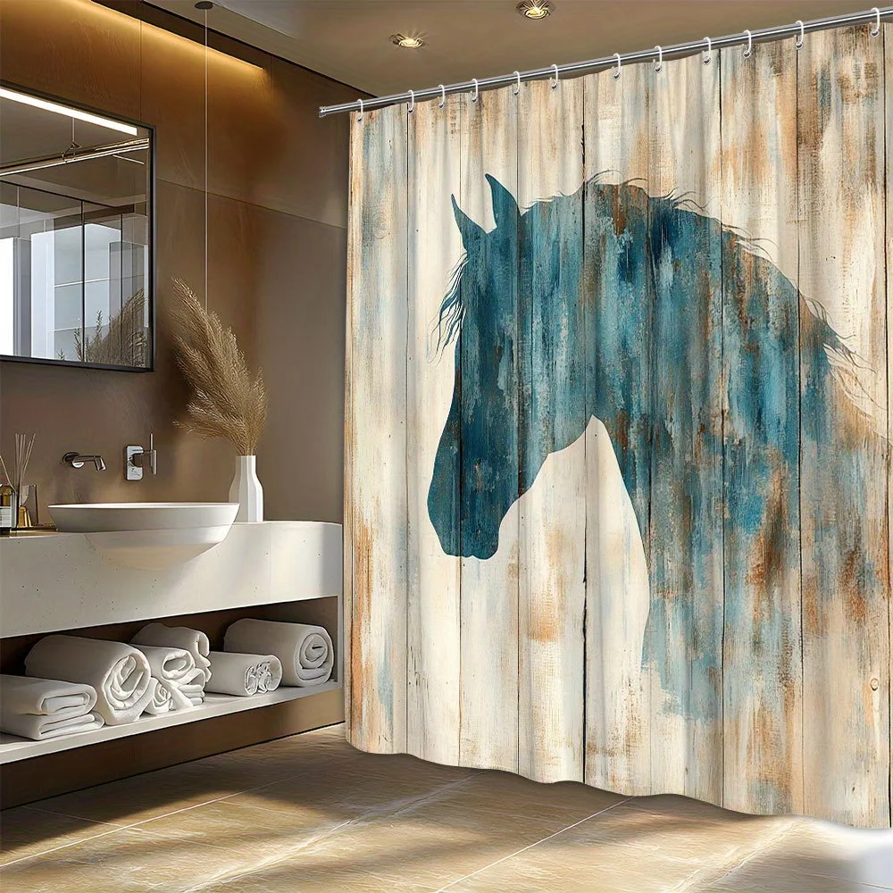 Rustic Horse Profile Shower Curtain - Vintage Blue Outline Silhouette on Weathered Wood Planks