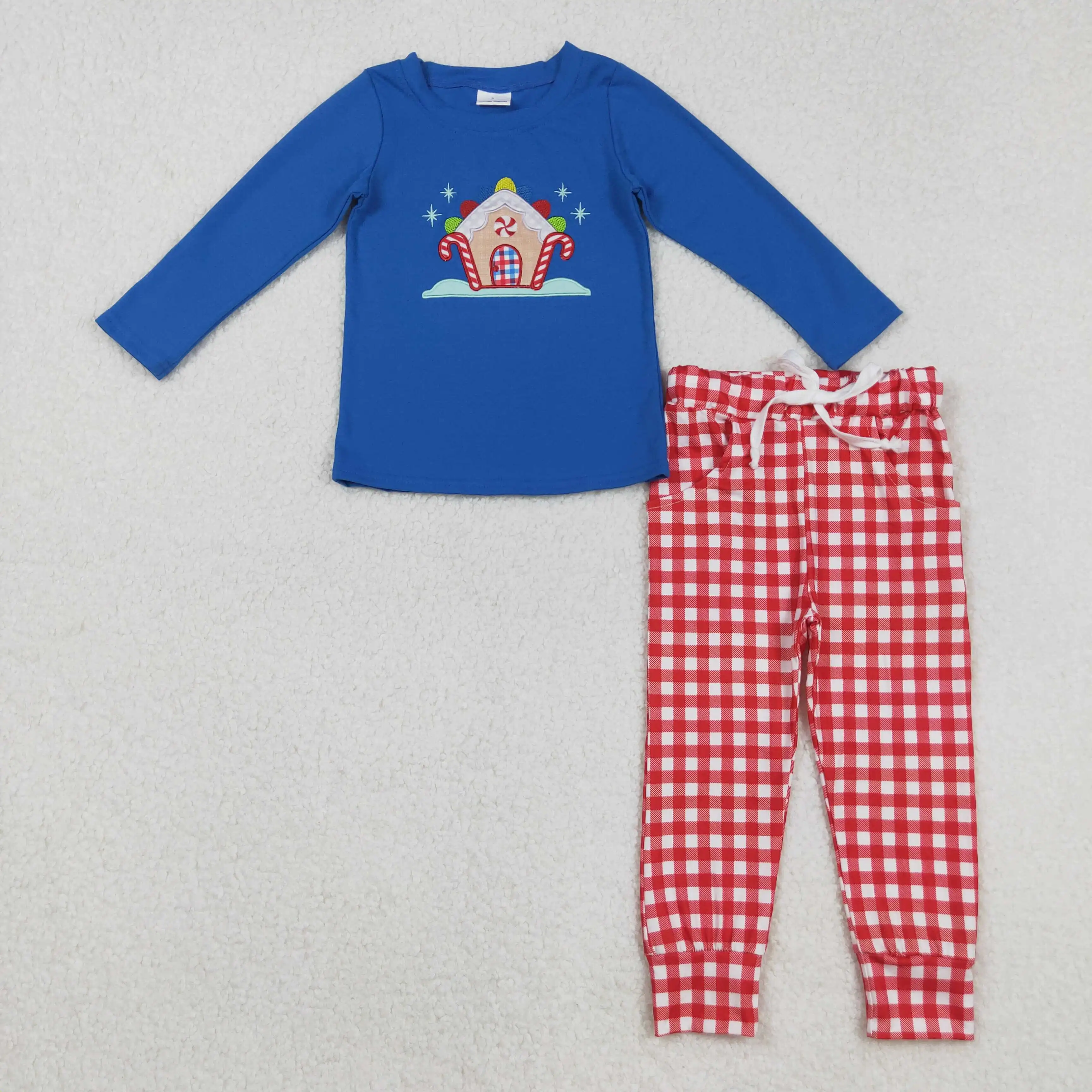 

8.27y Boys Christmas Clothing Baby Set Blue Long Sleeve Top with Embroidered Candy Cane Design Red Plaid Pants for Infants