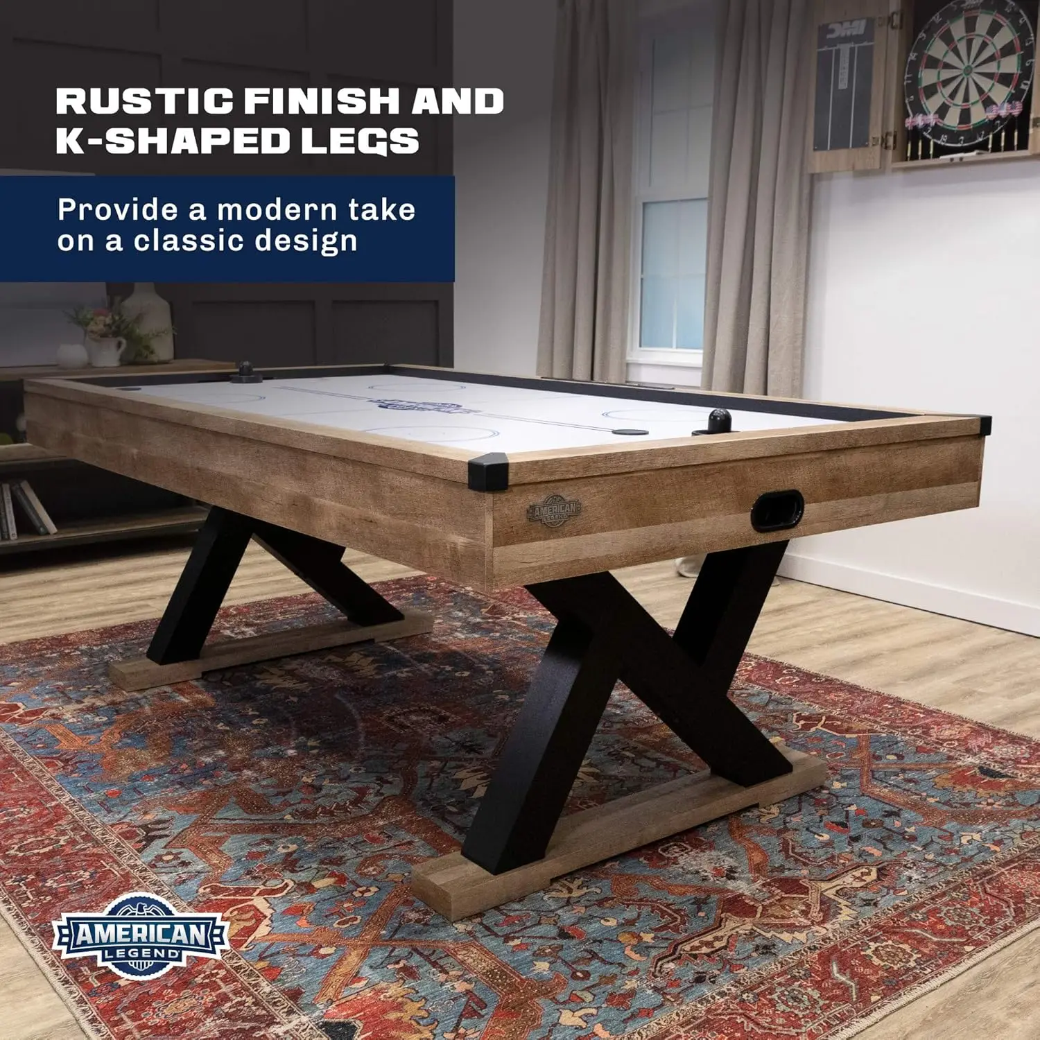 Powered Hockey Table with Rustic Wood Finish, K-Shaped Legs and Modern Design