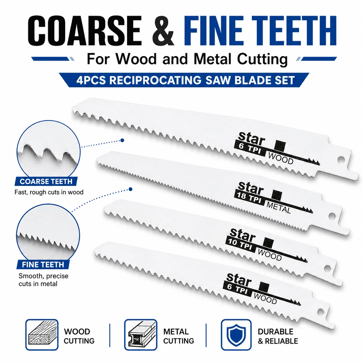 4pcs Reciprocating Saw Blade, Universal Wood and Metal Cutting, for DIY and Professional Use, Coarse and Fine Teeth