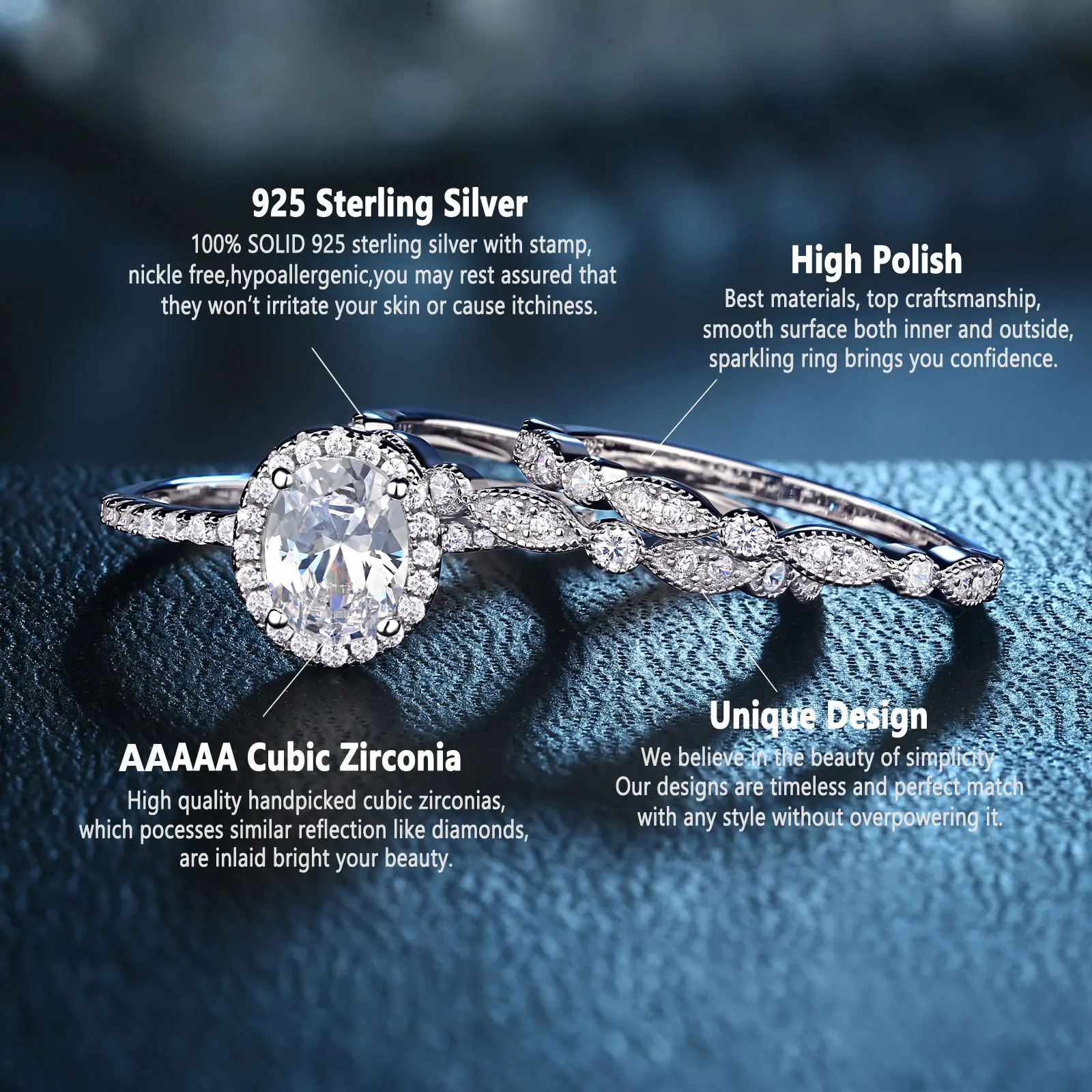 Newshe 3 Pieces Wedding Engagement Rings Set for Women 925 Sterling Silver Jewelry Art Deco Bands Oval AAAAA Cubic Zircon Ring