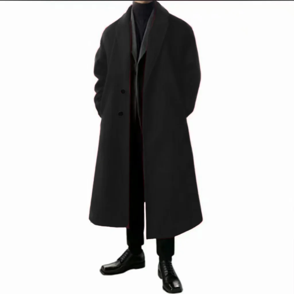 Warm Woolen Coats for Man，Belted, Adjustable, Long Coat Jacket，Single-breasted, Full Placket，Suitable for Everyday Life