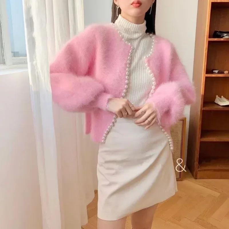Spring Autumn New Fashion Ladies Pearl Knit Lantern Sleeves Imitation Mink Fleece Sweater Cardigan Jacket Women Korean Style Y2k