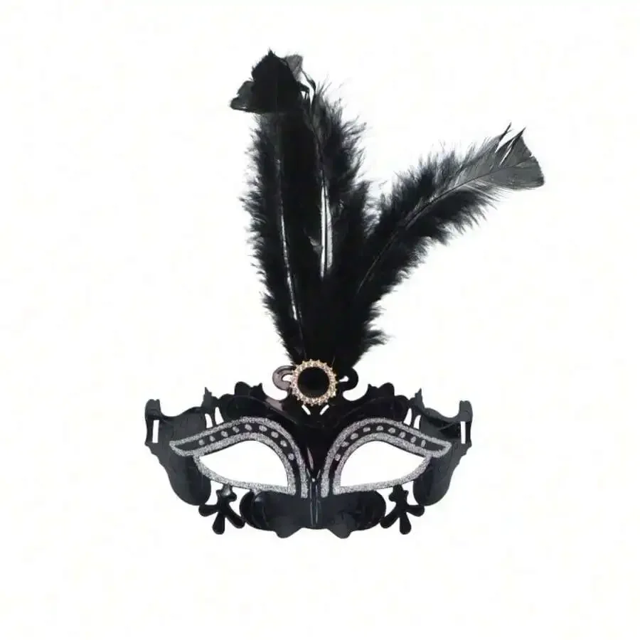 

Half Face Carnival Mask With Feathers And Rhinestone Decoration For Adult Costume Party