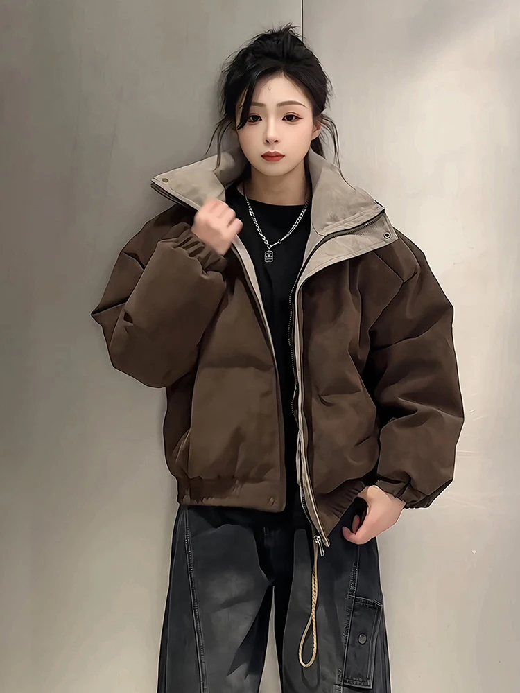 

Caramel American Sle Stand Collar down Cotton Jaet Men Lightweight ort Bread Sle Meral PU Leather Coat Thiened Te...