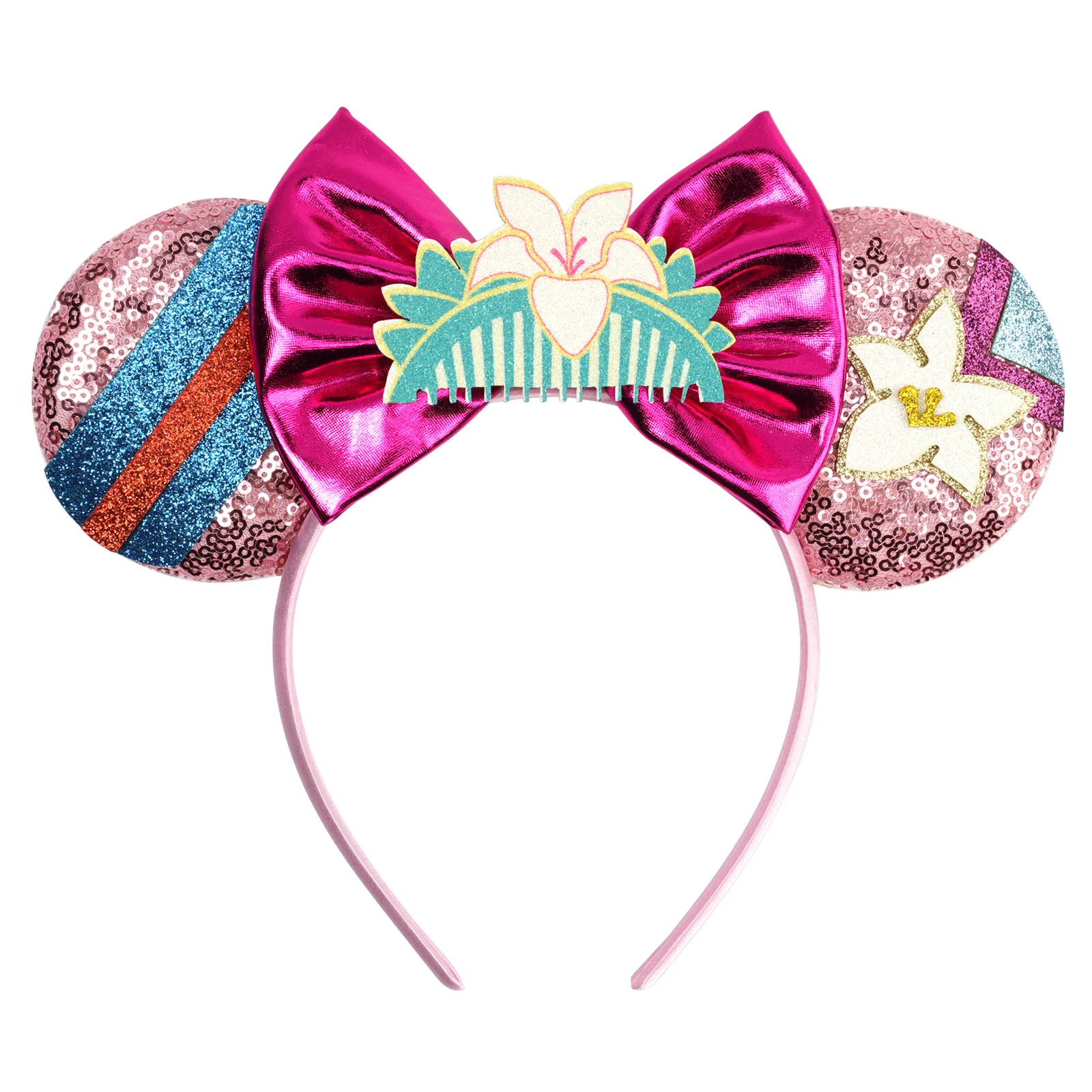 Diadema Mulan para Niñas, Diadema con Orejas de Mickey de Dibujos Animados, Diadema con Lazo de Lentejuelas y Flores de Magnolia para Niñas, Accesorios para el Cabello para Mujeres, Carnaval