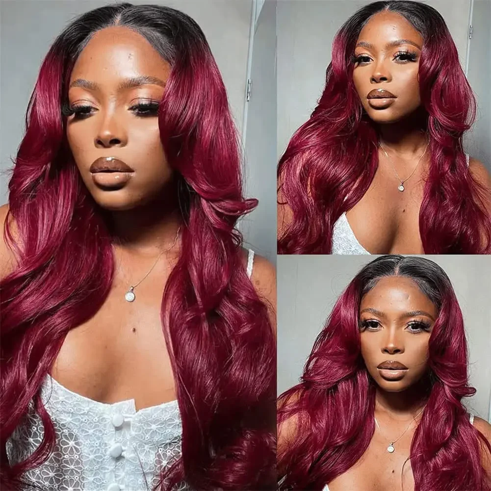 Ombre 1b 99j Body Wave 150% HD 13×4 Lace Front Wigs Human Hair Burgundy Glueless 4×4Pre Cut Transparent Lace Closure Wig elegant