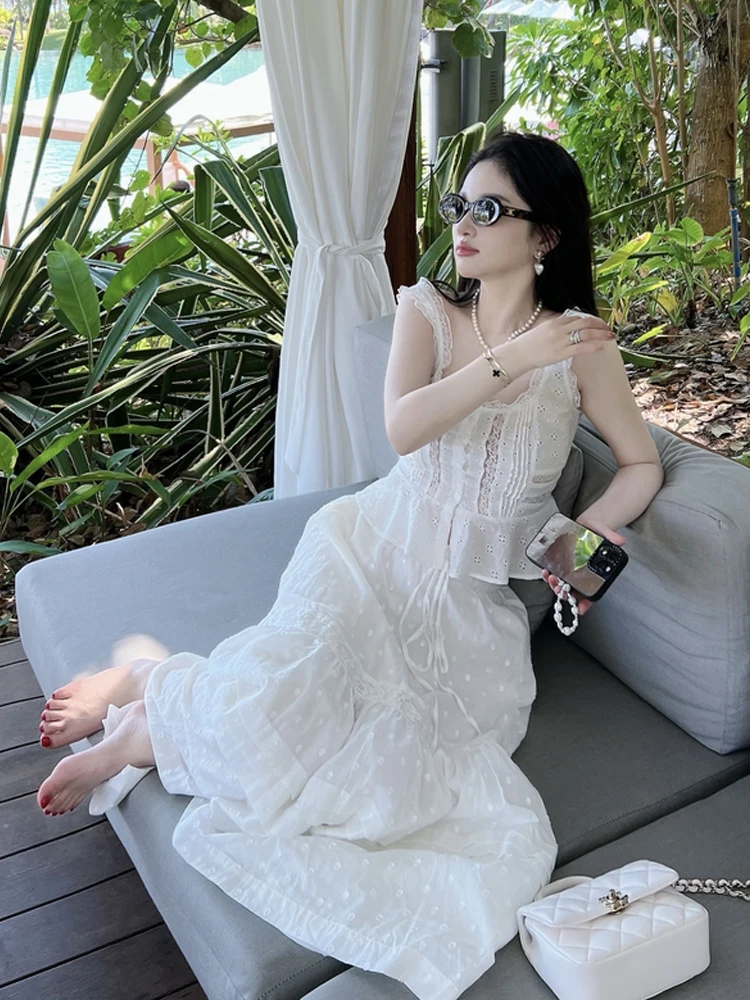 

White Lace Trim Halter Vest Top High Waist A-Line Skirt Two-Piece Set Women's Summer Fashion Outfit High Waist Skirt