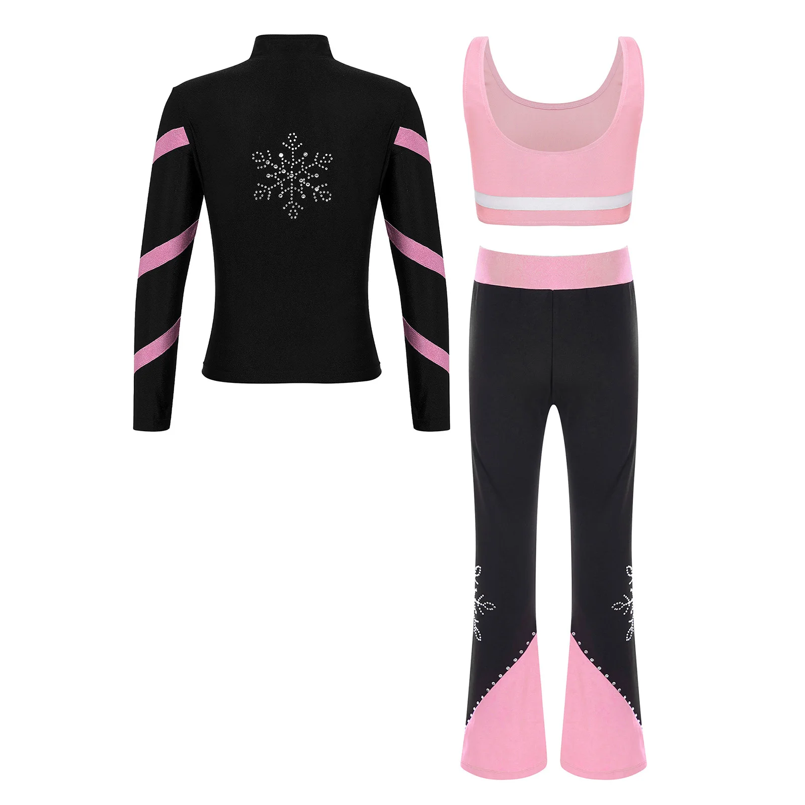 Kids Girls Figure Skating Gymnastics Dancewear Sports Jacket Sweatshirt with Vest Flared Pants Set Dance Workout Yoga Tracksuit