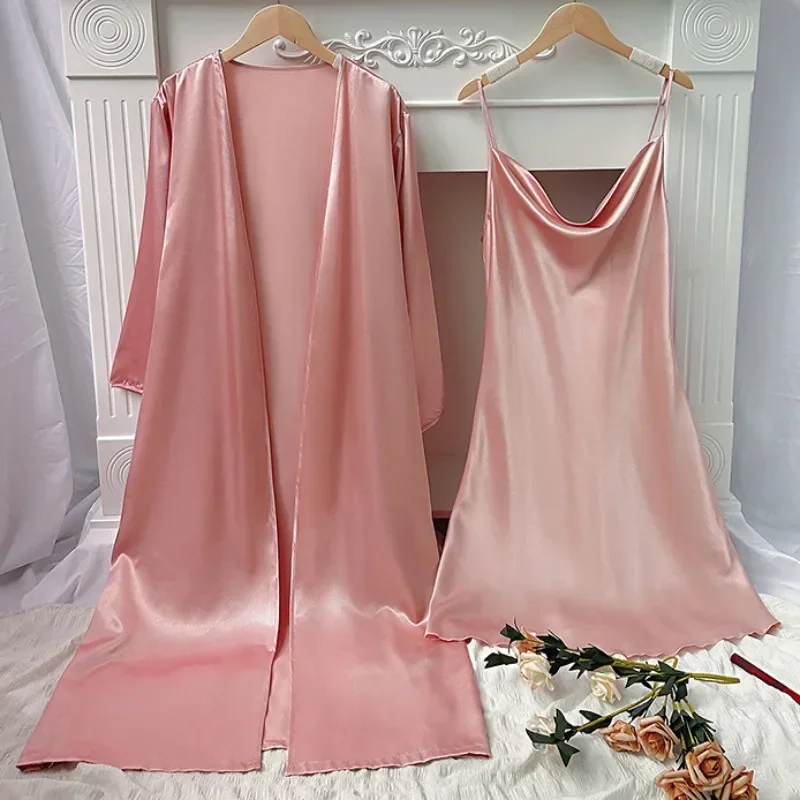 Solid Silk Satin Women Nightgown Set Sling Dress & Long Sleeve Robe Sleepwear 2 Pieces Sleeveless Cowl Neck Nightwear Homwear