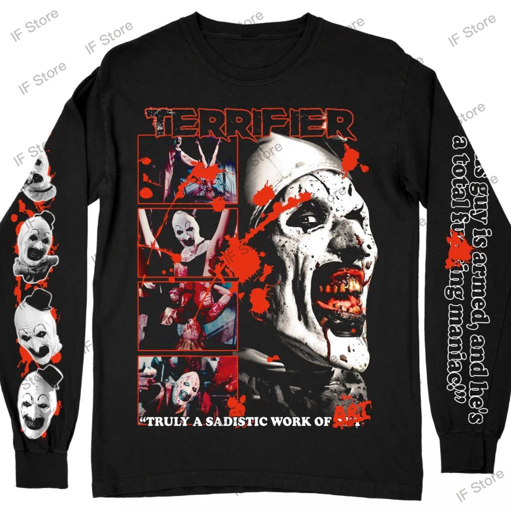 

Merch Terrifier3 Хэллоуин толстовка с круглым вырезом фильм ужасов Хэллоуин косплей с длинным рукавом для женщин и мужчин гримаса с капюшоном Y2K толстовка