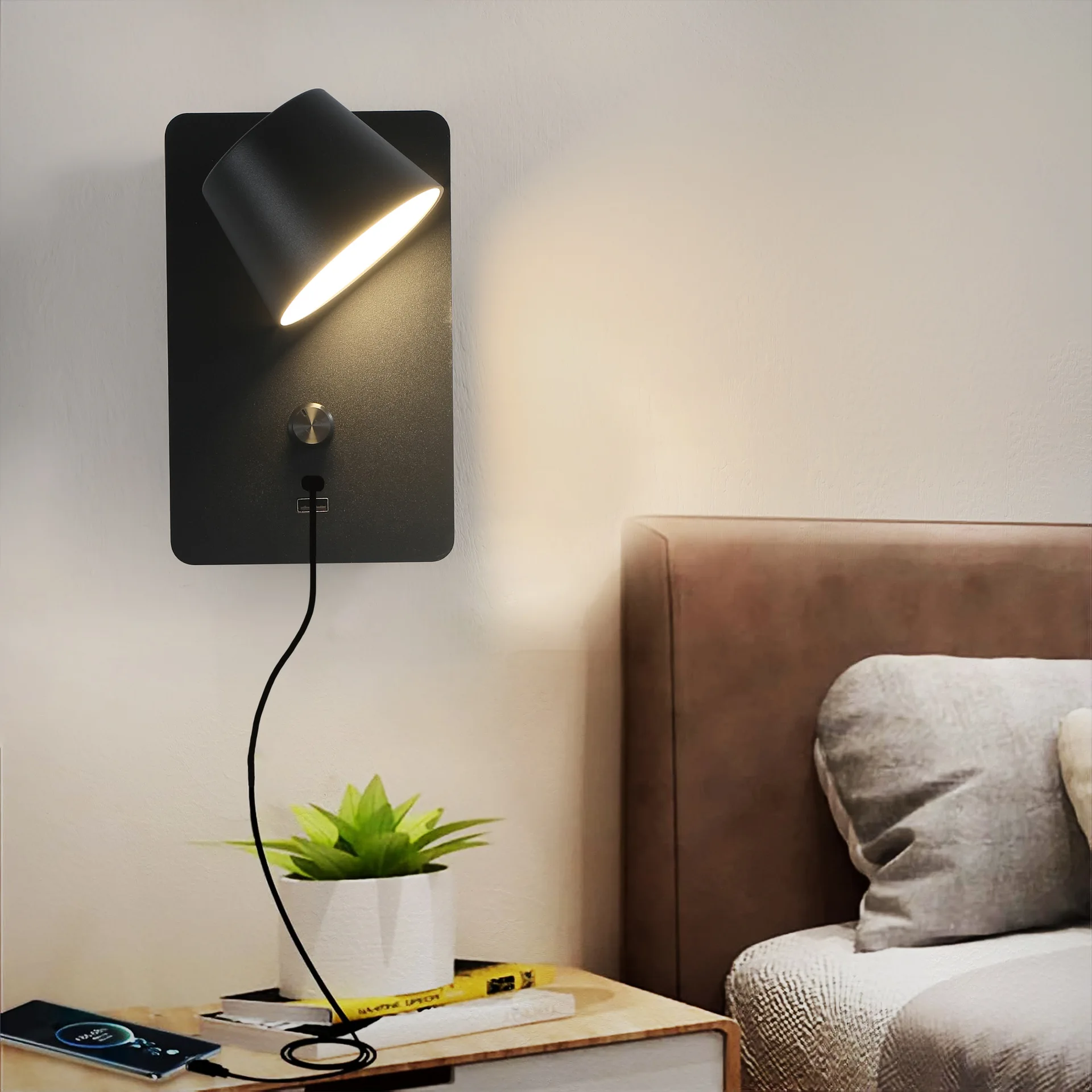 Modern Rotatable LED Wall Sconce Dimmable Wall Lamp With USB Charging Port 8W Indoor Bedroom Bedside Lighting