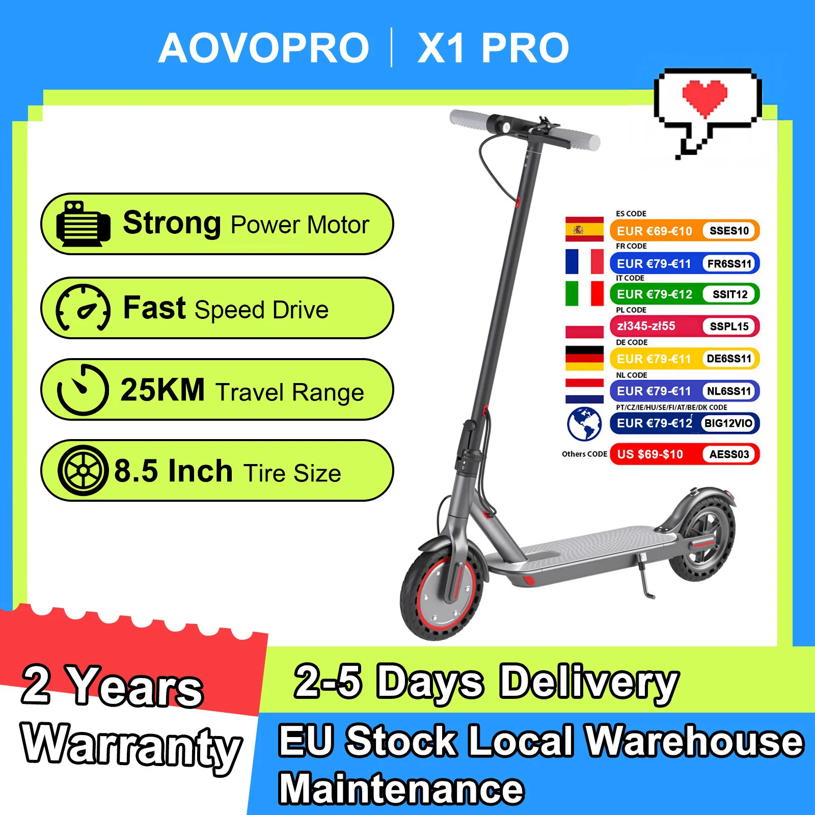 Nouveau Scooter Électrique AOVOPRO X1PRO 2026 – Moteur Puissant, Pliable, 36V 7.8AH, Roues 8.5 Pouces, Autonomie 25KM