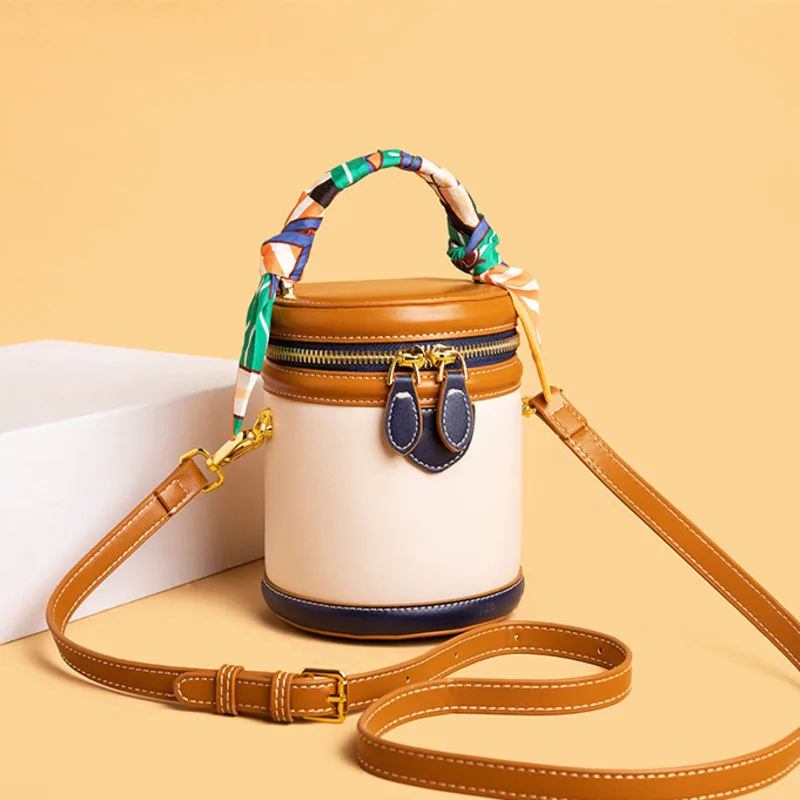 

Women Bucket Bag With Scarves Cross Body Niche Cylinder Bag Fashion Vintage Portable Single Shoulder Female Small Bucket Handbag