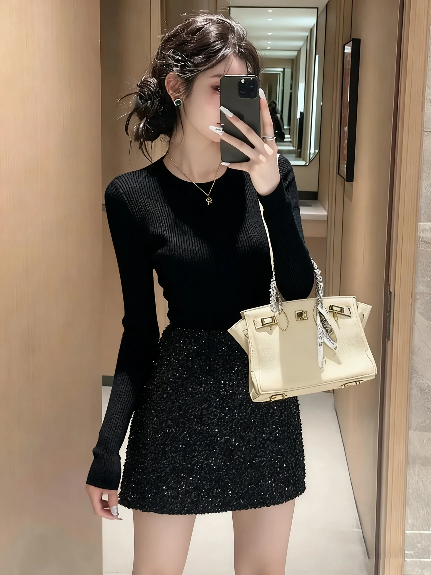 Damen-Strickoberteil mit Fce-Futter, rund, Slim-Fit, Basis, Irt, Weiß, Herbst-Winter-Innenbekleidung, bequemes, dehnbares Oberteil