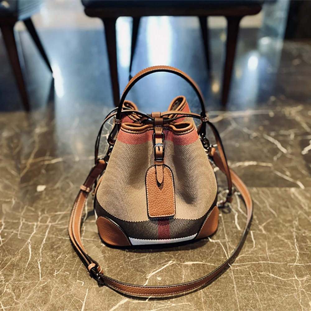 Luxury Plaid Canvas Leather Women‘S Bag Fashion Large Capacity Business Lady Bucket Shoulder Bag Female Drawstring Handbag