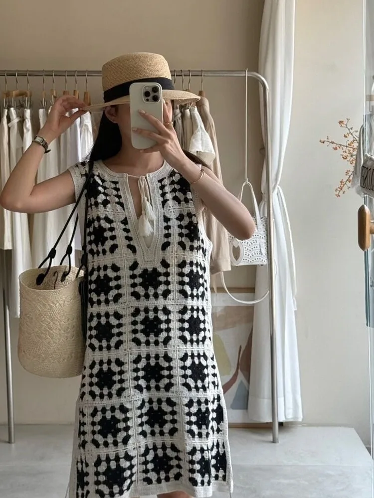 

Retro Hollow out Svel Knitted Dr Chic Personali Slimming Tassel Belted ort Skirt for Women Summer Season