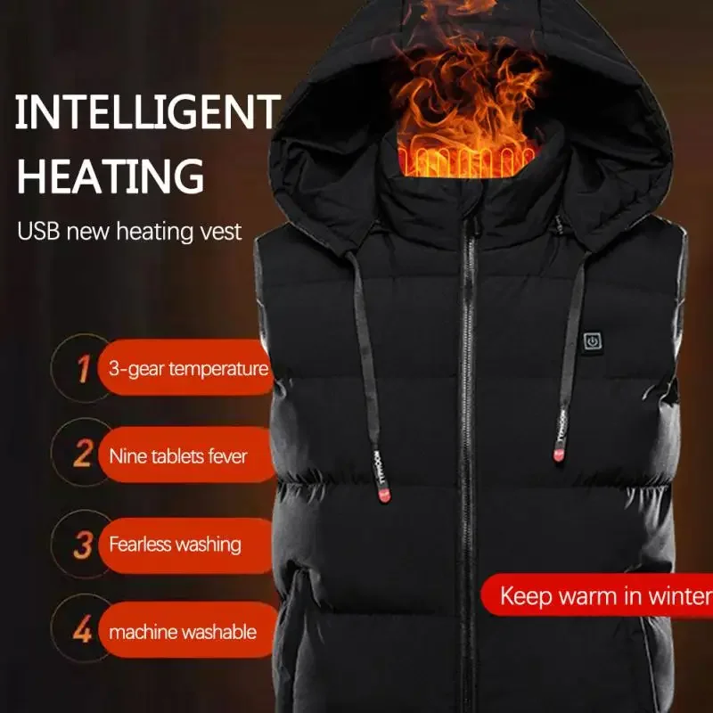 

Winter Electric Heated Hooded Vest Thermal Waterproof USB Charging Vest Adjustabe Heating Warmer Pad Hiking Warm