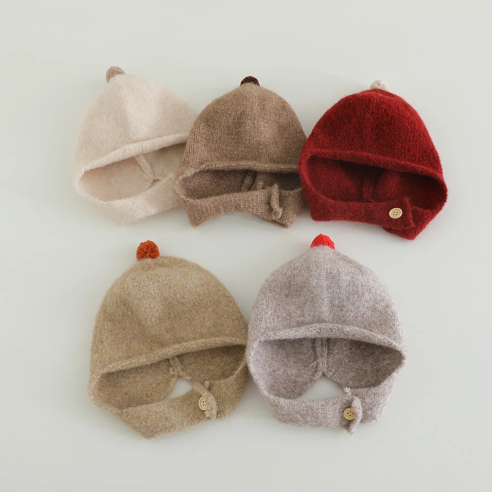 Baby Autumn Winter Knitted Warm Hat 48-50cm With Pom Pom Ear Flap Windproof Beanie Hats Newborn Infant Cap Soft Cute Cold Caps