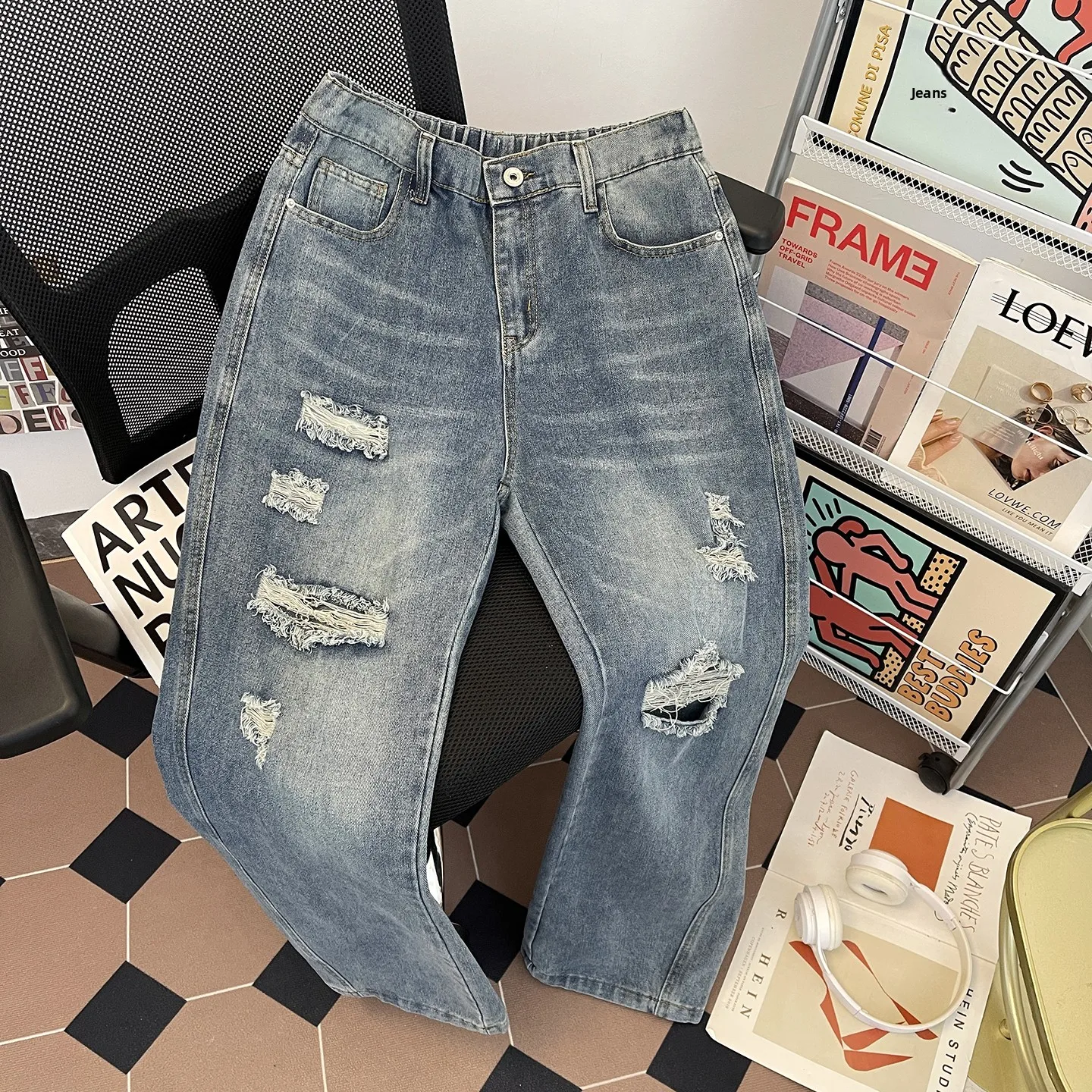 

Trendy American High Street Men's Jeans Loose Wide Leg Summer Thin Casual Pants Vibe Hole Water Wa Low Waist