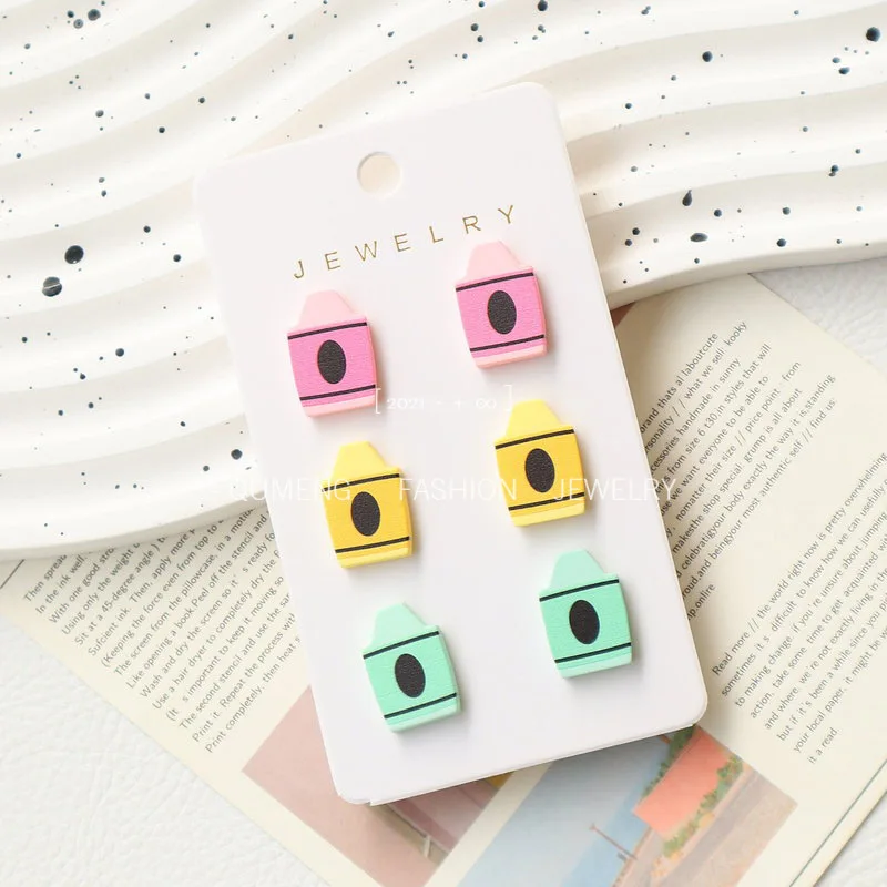 Teacher's Day Back to School Colorful Crayons Wood Stud Earrings Card Fashion Jewelry Women Trends