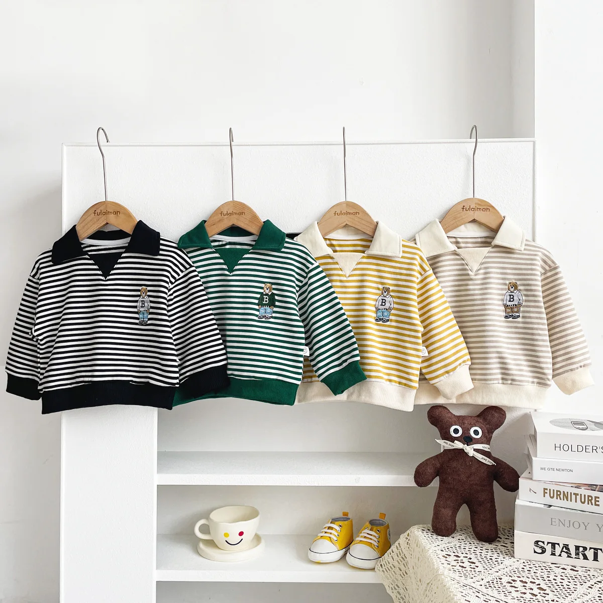 

Spring and Autumn Polo lapel T-shirt for Boys and girls Cartoon Embroidered long sleeve striped hoodie for children 0-6years old