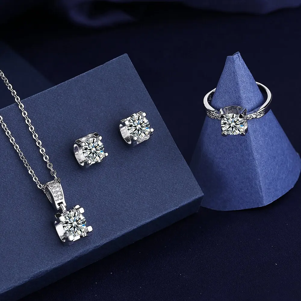Solitaire Lab Diamond Jewelry set 925 Sterling Silver Party Wedding Rings Earrings Necklace For Women Bridal Moissanite Jewelry