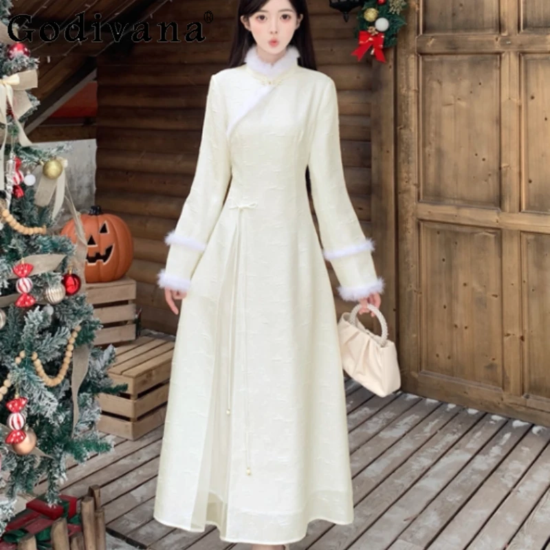 

Рождественское осенне-зимнее платье большого размера в китайском стиле ретро с длинным рукавом и воротником-стойкой, женское платье трапециевидной формы с высокой талией абрикосового цвета