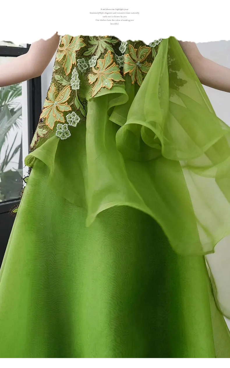 فساتين سهرة خضراء خرافية طويلة من الأورجانزا للحفلات الراقصة مزينة بالزهور فساتين الحفلات السباغيتي سويب تراين #2