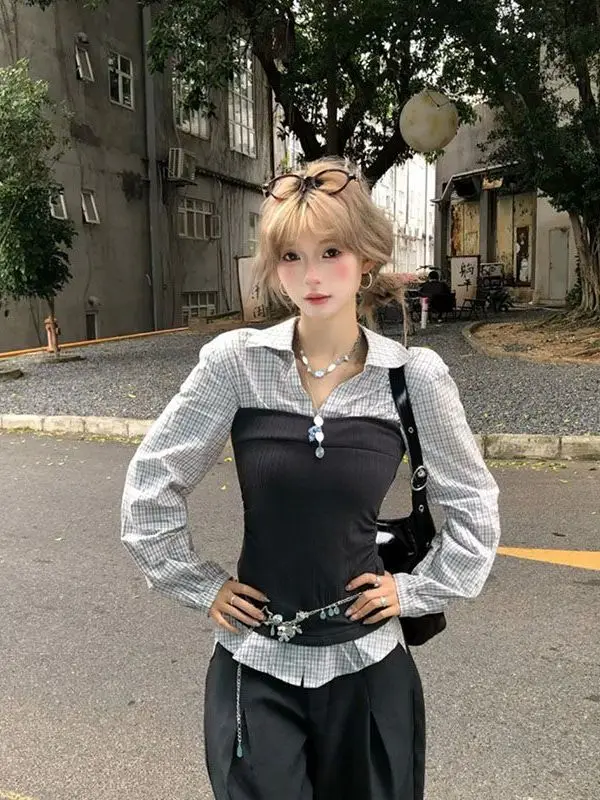 

Slimming High Waist V-Neck Long Sleeve Shirt Women's Casual Versatile Autumn Winter New Style Commute Fashion Korean Style Bl...