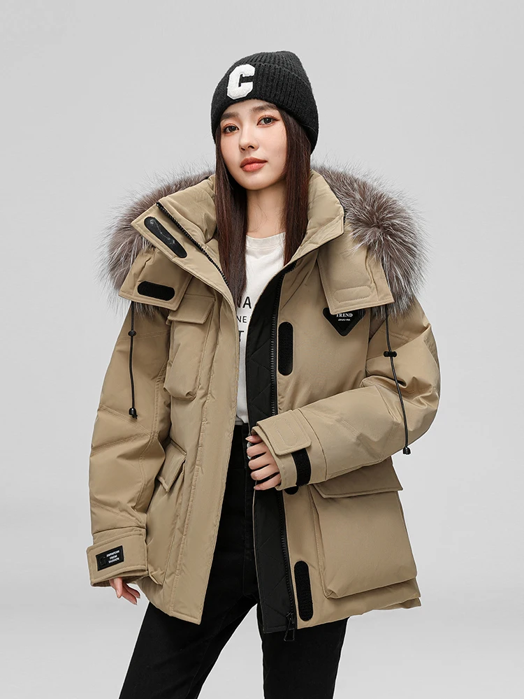 Chaqueta de plumón roja para mujer invierno 2024 chaqueta acolchada cálida y moderna con cuello de piel de zorro con capucha de longitud media a larga