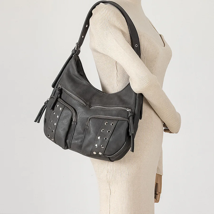 

2025 New Women's Y2K Motorcycle Style Underarm Bag Korean Multi-Pocket Rivet Soft Leather Shoulder Bag Hot Girl Street Trendy Ba