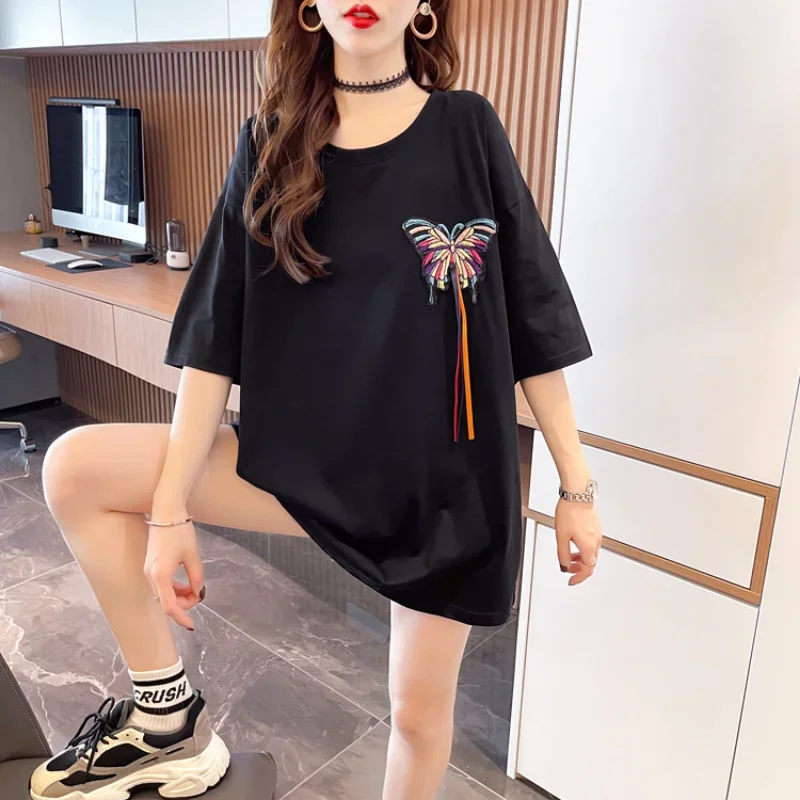 2024 Summer Women Graphic T-shirts Embroidery Ladies Plus Long Short Sleeve Tops Fashion Korean Clothes Aesthetic Tees New