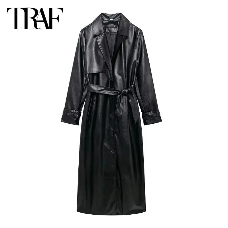 TRAF Oversized Belt Trench Coat 2024 Women Faux Leather Windbreak Outerwears Autumn Winter Fashion Elegant Winered Black Coat