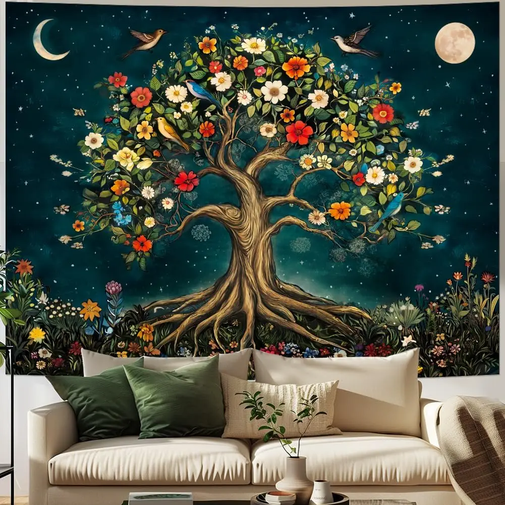 Tree of Life Tapestry Mystic Boho Flowers Tapestry Vintage Aesthetic Tree Wall Tapestries Retro Nature Floral Plants Tapestries