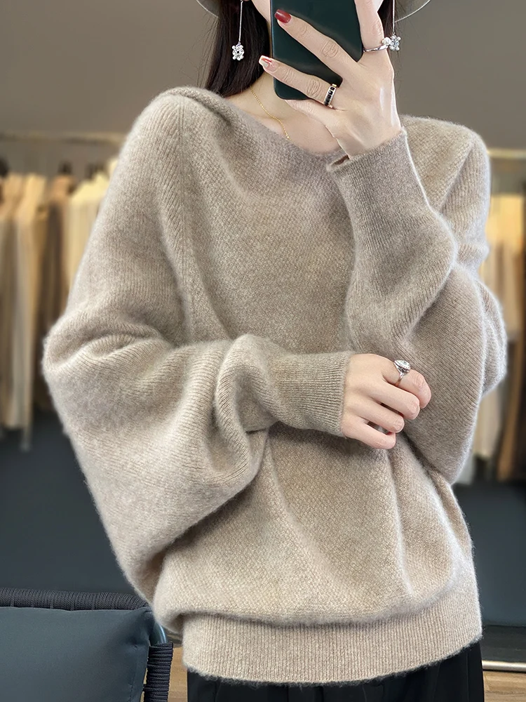 

Fashion Loose Style Long Sleeve Cashmere Women Knitwear Sweater 100% Merino Wool Mock-Neck Pullover Hoodies Clothing Tops