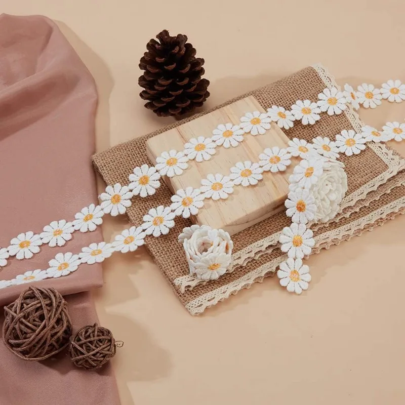 1 Roll 7 Yards Lace Daisy Flower Edging Trim Ribbon 1 inch Wide Polyester Flower Ribbon Appliques with Plastic Spool Sewing