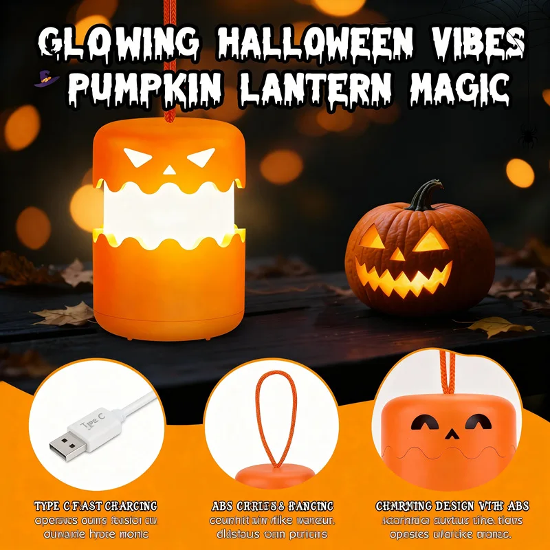 Rechargeable LED Pumpkin Night Light Skull Ghost Spooky Lamp Halloween Party Decoration Creative Atmosphere Desk Ornament Light
