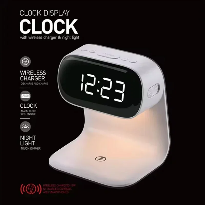 15W Fast Wireless Charger Touch Bedside Digital Alarm Clock LED Night Light Adjustable Brightness Bedroom For Samsung iPhone 16