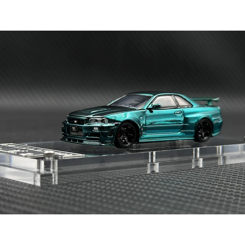 TM In Stock 1:64 Skyline GTR R34 Z TUNE Chrome Green Carbon Hood Diecast Diorama Car Model Time TOP Micro