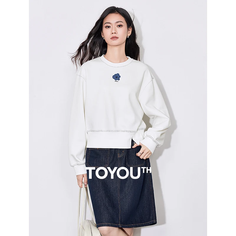 TOYOUTH Women Hoodies Sweatshirt 2025 Spring New Open Split Slim Waist White Short Pullover Tops