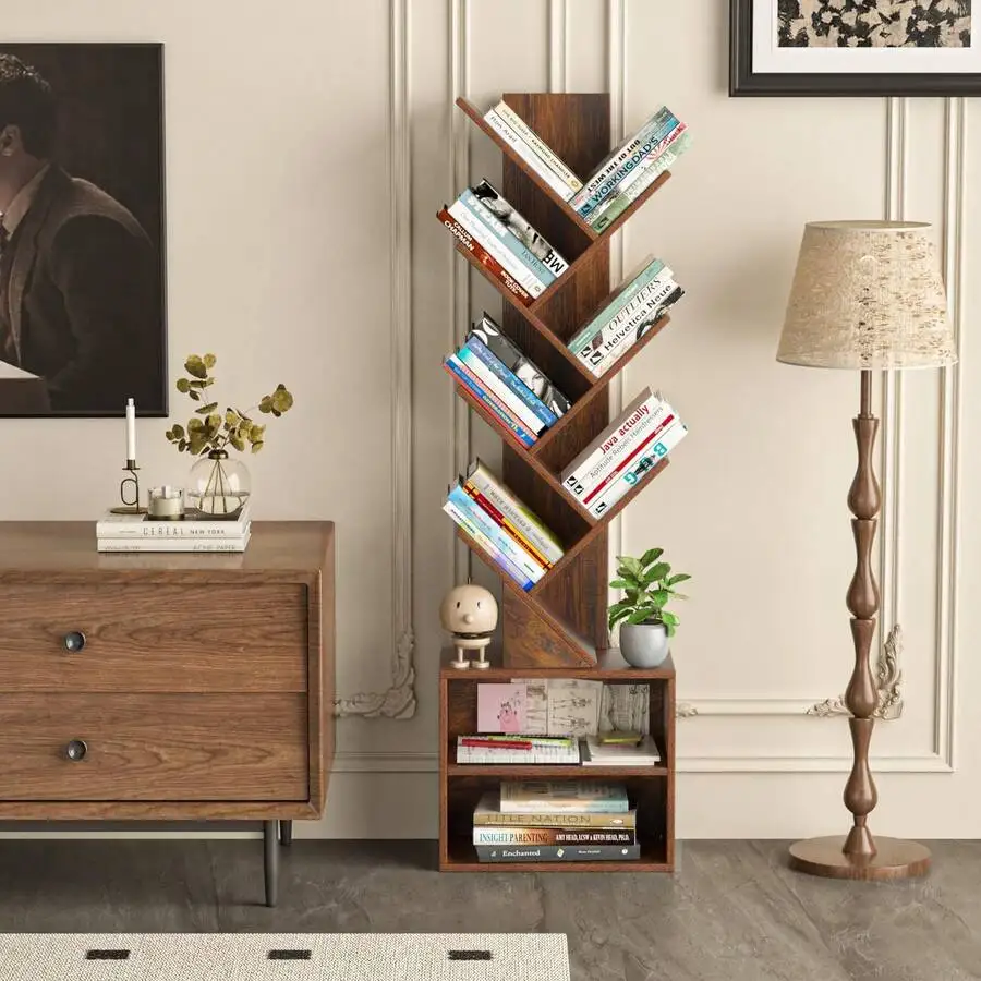 10 Tier Tree Bookshelf,Floor Standing Wood Tall Bookcase For Narrow Space, Storage Organizer Bookshelves For Books, Book Case Fo