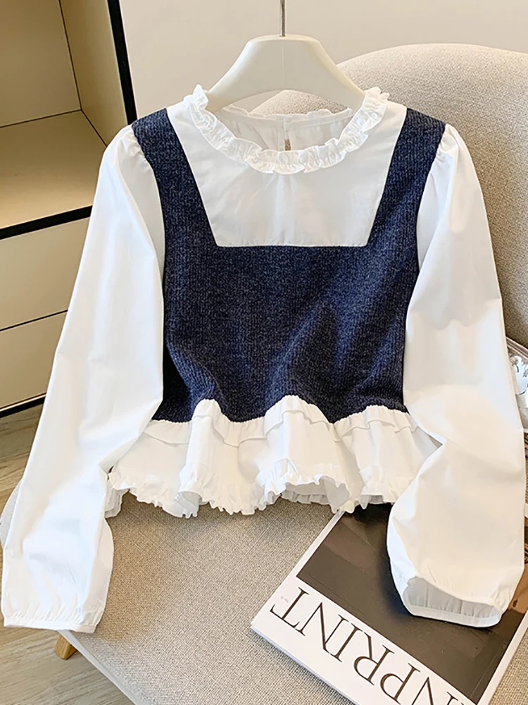 

Autumn New Knit Patchwork Shirts Chic All Match Solid Color Pullover Tops Daily Commuting Slimfit Long Sleeves