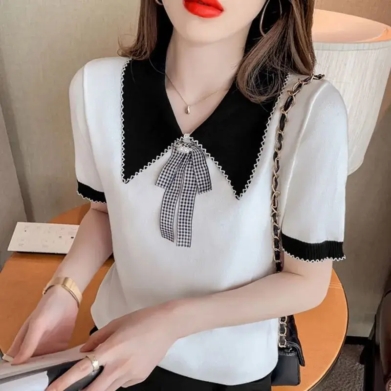 Summer Casual Fashion Polo-neck Patchwork Chic Bow Tee Female Short Sleeve Loose Knitting Top Ladies Pullover  Women\'s Clothing