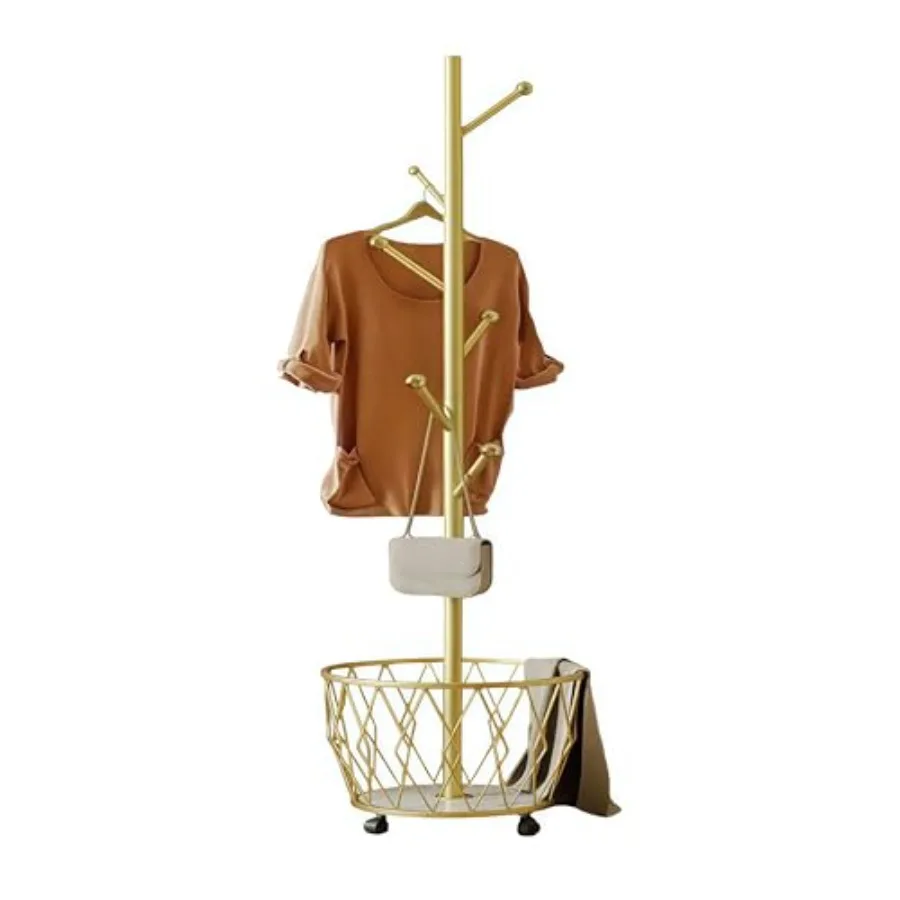 

Freestanding Metal Coat Rack Stand with Basket Modern Organizer for Scarf Jacket Hat Bags Ideal for Home Entryway Bedroom Corne