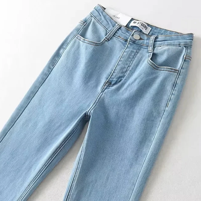 Damen-Jeans mit hoher Taille, schmale Passform, dehnbar, bodenlang, Denim-Jeans, ausgestellte Hose, Retro-SLE-Baumwolle, elastische Freizeithose
