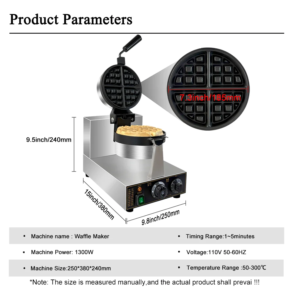 Commercieel wafelijzer, professioneel Belgisch wafelijzer Rond wafelijzer met antiaanbaklaag 180 °   roterende wafelijzermachine