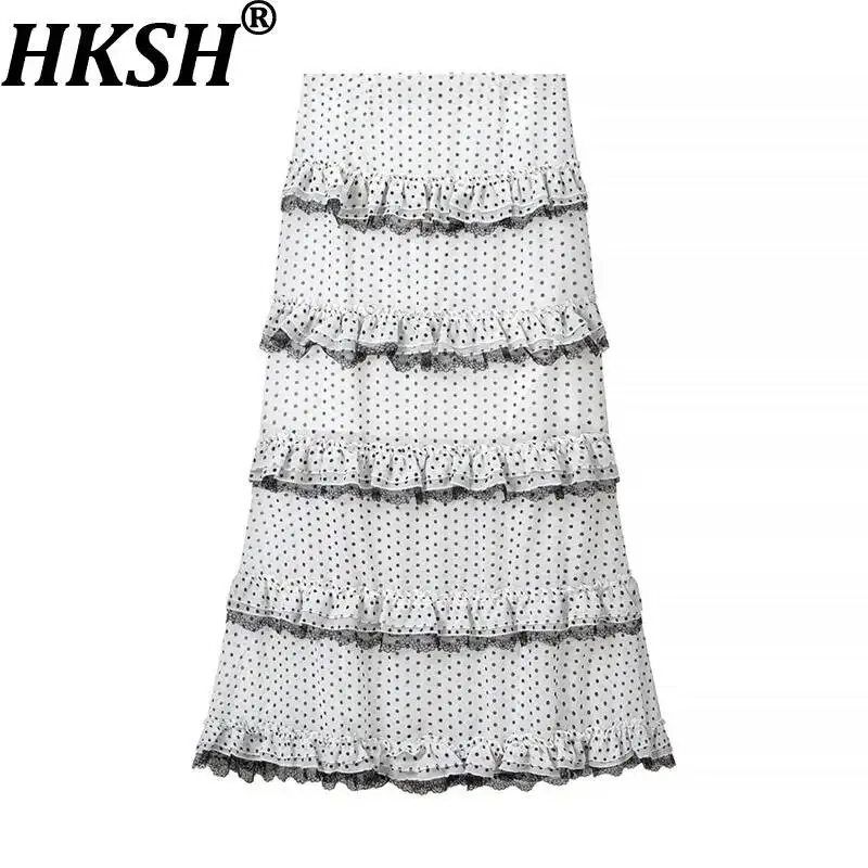HKSH Women's Skirt French Style Elegant Fashion Polka Dot Lace Patchwork Ruffled Skirts V-Neck Buttons Spliced Short Top HK26332