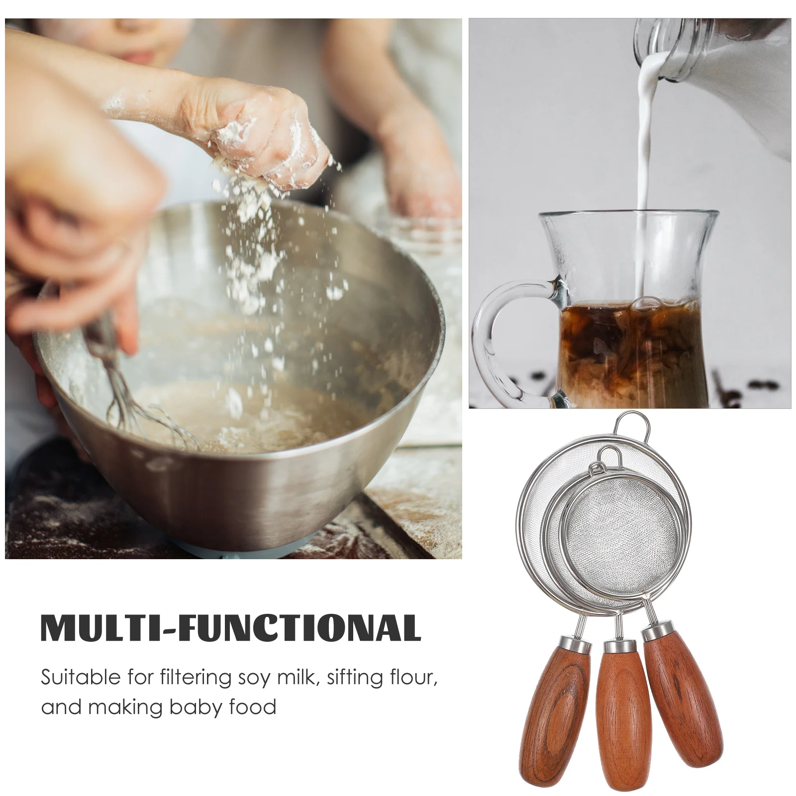 

3pcs Stainless Steel Mesh Strainer Set Fine Sieve with Wooden Handle Multi Functional for Soy Milk Juice Yogurt Filter Baby Food